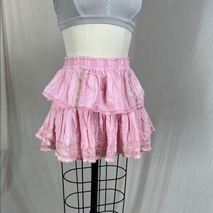 LoveShackFancy Candy Pink Mini Skirt with Gold Lace Ruffled Layers